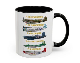 Taza de café con diagrama de aviones de guerra de la Segunda Guerra Mundial (vintage) / P-40 P-47 P-38 B-17 P-51