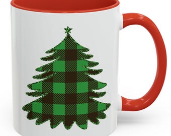 Christmas Tree Accent 11oz. Coffee Mug, Holiday Gift, Winter Drinkware, Cozy Home Decor, Plaid Mug for Hot Beverages