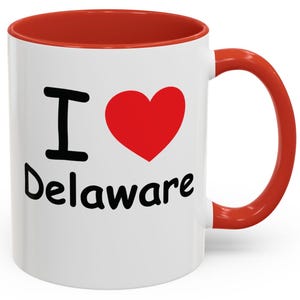 I Love Delaware Mug 11 oz, cadeau amusant pour les amateurs du Delaware, jolie tasse de voyage pour les habitants, tasse noire décorative pour les vacances, parfaite pour les cafés