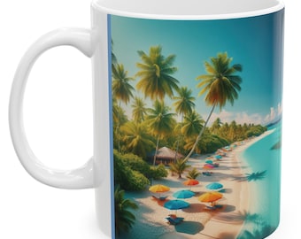 Tazza in ceramica con spiaggia tropicale, 11 once, regalo personalizzato, tazza con nome personalizzato, regalo divertente, alla moda, regalo per le vacanze