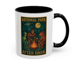 Whimsical National Park Coffee Mug, Camping Gift, Nature Lover's Drinkware, Alien Bigfoot Design, Outdoor Adventure Decor, Unique