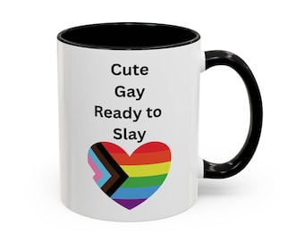 Pride Coffee Mug - Cute Gay Ready to Slay, LGBTQ+ Gift, Rainbow Heart Mug, Colorful Affirmation Cup, Supportive Coffee Accessory