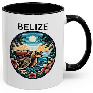 May include: White ceramic coffee mug with a black rim and handle. The mug features a colorful illustration of a sea turtle swimming in a tropical ocean scene with palm trees and flowers. The text "BELIZE" is printed in black at the top of the mug.