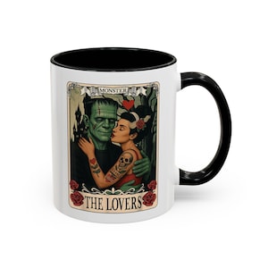 Frankenstein Romantic Monster Tarot Coffee Mug, Gothic Ceramic Cup, Halloween Gift, Themed Drinkware, Unique Love Mug
