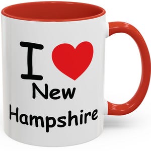 Ich liebe New Hampshire Kaffeetasse 11 Unzen, lustiges Geschenk für New Hampshire Liebhaber, schwarzer Akzent Becher, Reise-Souvenir, personalisierte Kaffeetasse