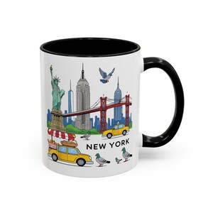 New York City Accent Coffee Mug, NYC Souvenir Cup, Urban Aesthetic Drinkware, Gift for Travelers, Black Handle Mug