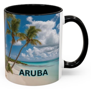Tropical Aruba Coffee Mug, Beach Lover&#39;s Gift, Vacation Souvenir, Black Handle Cup, Summer Drinkware, Travel Coffee Mug