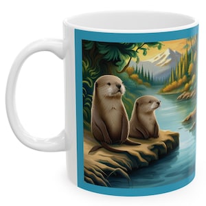 Keramische mok otter, 11 oz gepersonaliseerd cadeau koffiemok mok voor buiten natuur mok dierenmok stream lake mok schattige dierenmok kindermok
