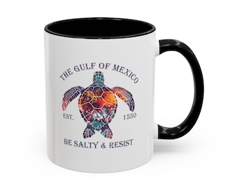 Caneca de café com detalhes do Golfo do México, presente para amantes do oceano, decoração para casa de praia, utensílios para bebidas para entusiastas da natureza, xícara de café com tartaruga, caneca "Be Salty & Resist"