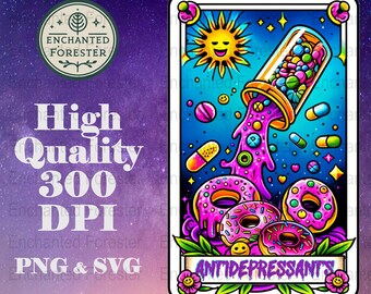 Snarky Antidepressant Donut Tarot Card: Psychedelic Funny PNG SVG (Digital Download)
