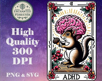 ADHD Squirrel SVG Tarot Card Tarot PNG Digital, Funny Tarot Card Print, Unique Gift Tarot, Squirrel Brain Fun Adhd Sublimation Design
