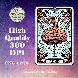 May include: A tarot card with a blue background and a brain with a squirrel on top. The card is titled "ADHD" and has the number "3T" in the top right corner.