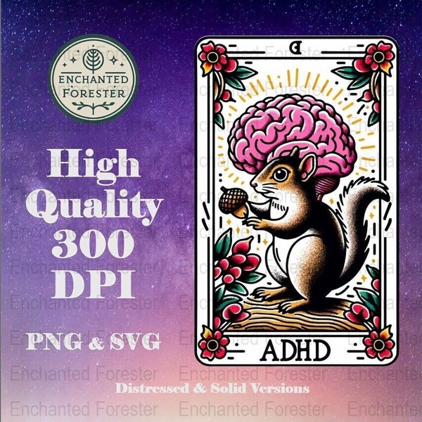 ADHD Tarot Card SVG, Printable Tarot PNG, Funny, Personality Tarot Card Print, Unique Gift Tarot, Squirrel Brain Fun Adhd Sublimation Design