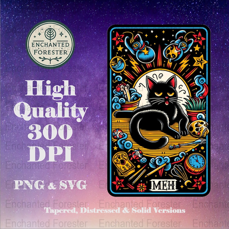 Black Cat Tarot Card Printable Digital Download Sublimation Design PNG SVG