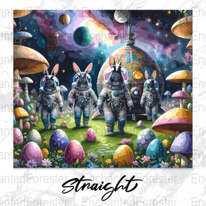 Puede incluir: Una pintura digital de cuatro conejos con trajes de astronauta de pie en un campo de huevos de Pascua coloridos. Los conejos están de pie frente a una nave espacial con una gran ventana redonda. El fondo es una galaxia con estrellas y planetas.