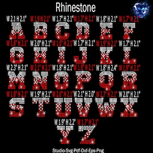 May include: A set of 26 rhinestone alphabet letters in red and white. Each letter is approximately 2 inches tall and has a different width. The letters are arranged in alphabetical order.