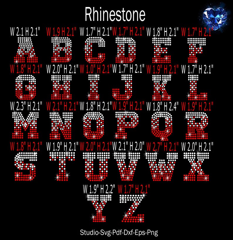 May include: A set of 26 rhinestone alphabet letters in red and white. Each letter is approximately 2 inches tall and has a different width. The letters are arranged in alphabetical order.