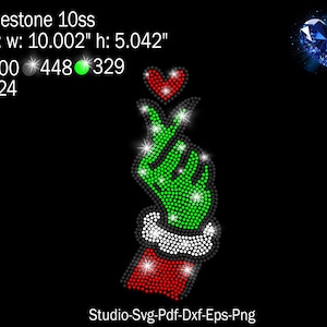 May include: A digital design featuring a hand gesture forming a heart shape, crafted from sparkling rhinestones. The design includes a red heart, a green hand, and a white cuff, with the text "Rhinestone 10ss" and dimensions of 10.002" wide and 5.042" high.