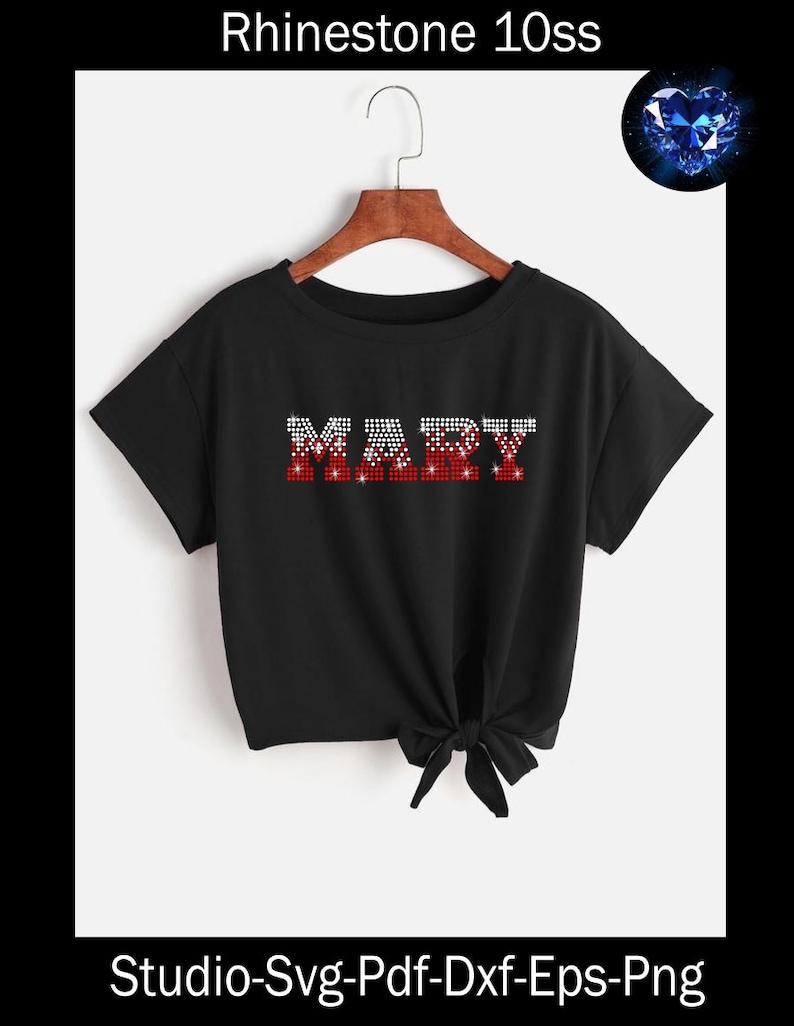 May include: Black t-shirt with the name "MARY" spelled out in red and white rhinestones.