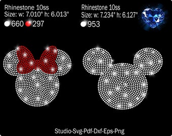 May include: Two rhinestone iron-on designs of Mickey Mouse and Minnie Mouse. The Minnie Mouse design includes a red bow. The Mickey Mouse design is 7.234 inches wide and 6.127 inches tall. The Minnie Mouse design is 7.010 inches wide and 6.013 inches tall.