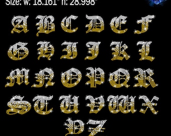 May include: A black background displays an alphabet of rhinestone letters in a gothic font. The letters are outlined in gold and filled with white rhinestones. The image includes the text "Rhinestone 10ss" and dimensions of 18.161" x 28.998".