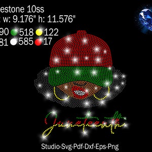 May include: Rhinestone design of a woman wearing a red, green, and yellow hat with the word "Jaqueefah" underneath. The design is 9.176 inches wide and 11.576 inches tall.