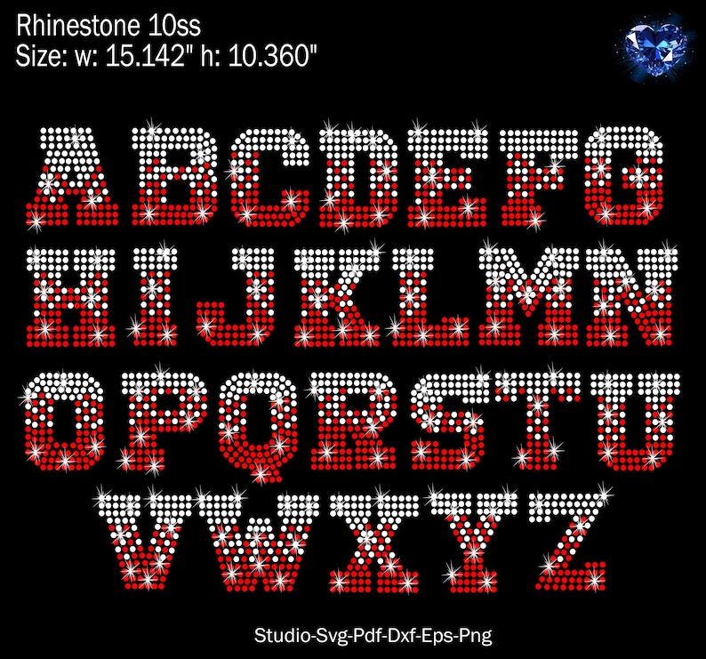 May include: A full alphabet of letters made from red and white rhinestones. The letters are 15.142 inches wide and 10.360 inches tall.