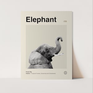 Könnte beinhalten: Ein Schwarzweißfoto eines Elefanten mit erhobenem Rüssel. Das Bild ist auf einem beigefarbenen Hintergrund mit dem Text "Elephant / 05" oben und "Dream Big Habitat / Tropical Forests, Savannas and Grasslands" unten.