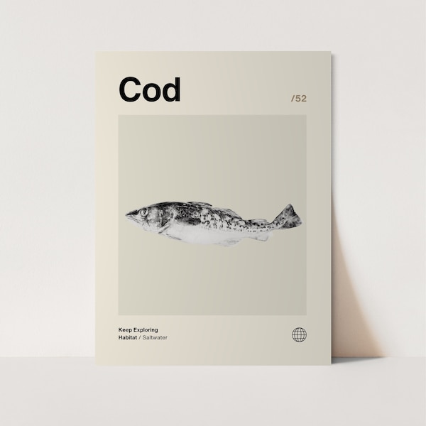 Cod Poster, Minimalist, Helvetica, Mid-Century Modern, Cod Print, Cod Wall Art, Cod Art Bundle, Animal Art Work, Animal Wall Art, Angler Art