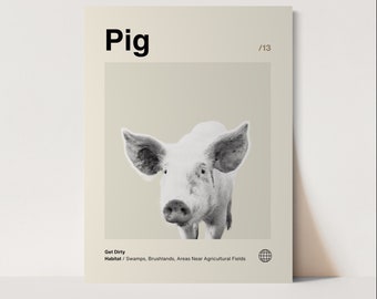 Pig Poster, Minimalist, Helvetica, Mid-Century Modern, Pig Print, pig Wall Art, Pig Art Bundle, Animal Art Work,  Animal Wall Art