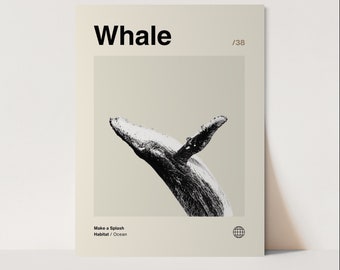 Pôster de baleia, minimalista, helvética, moderno de meados do século, impressão de baleia, arte de parede de baleia, pacote de arte de baleia, trabalho de arte animal, arte de parede de animal