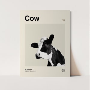 May include: A black and white cow with a white face and black spots. The cow is looking to the left. The text "Cow" is at the top of the image, and the text "Be Abundant" and "Habitat / Grassland" are at the bottom of the image.