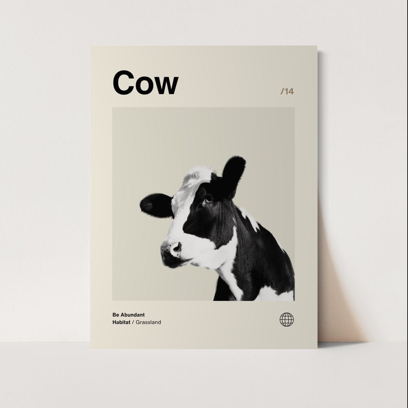 May include: A black and white cow with a white face and black spots. The cow is looking to the left. The text "Cow" is at the top of the image, and the text "Be Abundant" and "Habitat / Grassland" are at the bottom of the image.