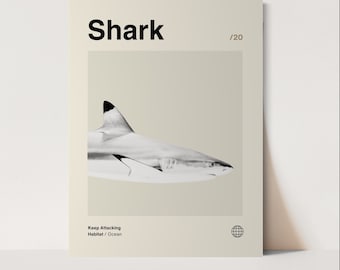 Shark Poster, Minimalist, Helvetica, Mid-Century Modern, Shark Print, shark Wall Art, Shark Art Bundle, Animal Art Work,  Animal Wall Art
