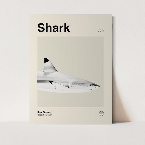 Shark Poster, Minimalist, Helvetica, Mid-Century Modern, Shark Print, shark Wall Art, Shark Art Bundle, Animal Art Work,  Animal Wall Art
