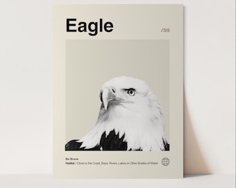 Plakat z orłem, minimalistyczny, Helvetica, Mid-Century Modern, wydruk z orłem, sztuka ścienna z orłem, zestaw sztuki z orłem, dzieło sztuki ze zwierzętami, sztuka ścienna ze zwierzętami