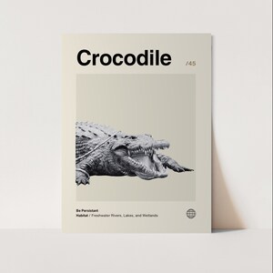 May include: A black and white illustration of a crocodile with its mouth open, showing its teeth. The illustration is on a beige background with the text "Crocodile / 45" at the top and "Be Persistent" and "Habitat / Freshwater Rivers, Lakes, and Wetlands" at the bottom.