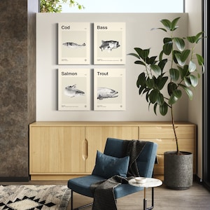Fish Art Bundle, Fish Bundle Posters, Minimalist, Helvetica, Mid-Century Modern, Trout, Salmon, Bass, Cod, Fisherman Art, Angler Wall Art