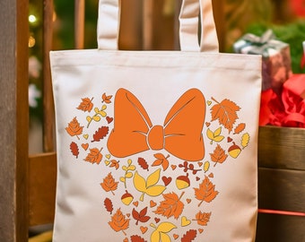 Minnie Mouse Head Tote Bag, Disney Fall Vibes Bag, Thanksgiving bag, Autumn Leaves Tote Bag, Fall Season Bag, Thanksgiving Gift For Women