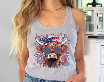 Patriotic Cow Racerback Tank Top, Retro 4th of july Tank, Patriotic Highland Cow Tank Tops, USA Tank, Cow Tank, Independence Day Tank