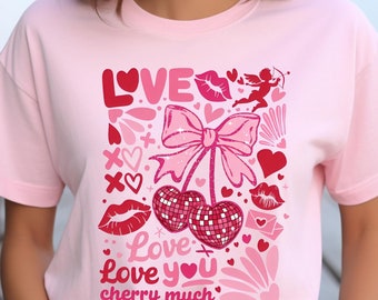 Checkered Valentine's day Shirt, Heart Coquette bow Shirt, Retro Valentine Shirt, Valentines day gift, Love you cherry much Shirt, Women tee