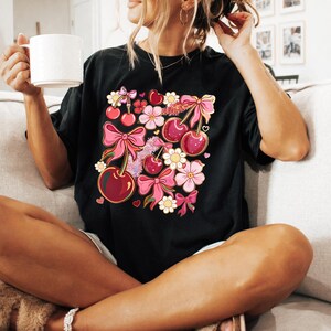 Cute Cherry Bow T-Shirt, Women Crewneck shirt with  Heart, Kawaii Pink Summer Aesthetic Tee,Floral Girly Casual Outfit,Birthday gift for mom