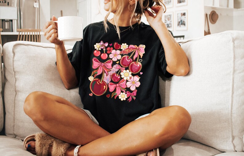 Cute Cherry Bow T-Shirt, Women Crewneck shirt with  Heart, Kawaii Pink Summer Aesthetic Tee,Floral Girly Casual Outfit,Birthday gift for mom