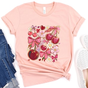 Cute Cherry Bow T-Shirt, Women Crewneck shirt with  Heart, Kawaii Pink Summer Aesthetic Tee,Floral Girly Casual Outfit,Birthday gift for mom