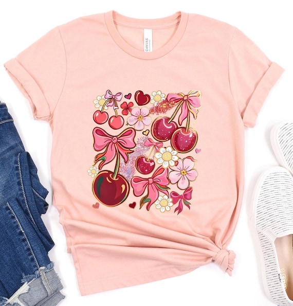 Cute Cherry Bow T-Shirt, Women Crewneck shirt with  Heart, Kawaii Pink Summer Aesthetic Tee,Floral Girly Casual Outfit,Birthday gift for mom