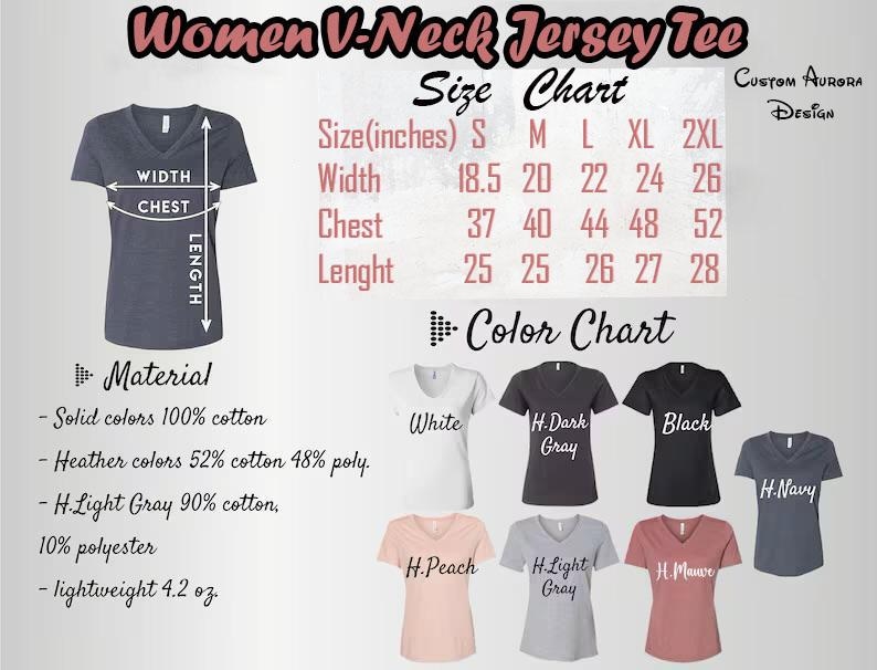 May include: A size chart for women's v-neck jersey tees, showing measurements in inches for sizes S through 2XL. The chart also includes a color chart with images of the tees in various colors, including white, dark gray, black, navy, peach, light gray, and mauve.