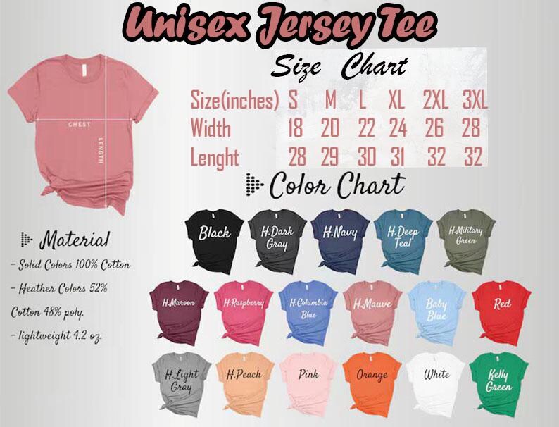 May include: A size chart for a unisex jersey tee, with measurements in inches for sizes S to 3XL. The color chart displays various t-shirt colors, including black, navy, and red. The material is 100% cotton for solid colors.