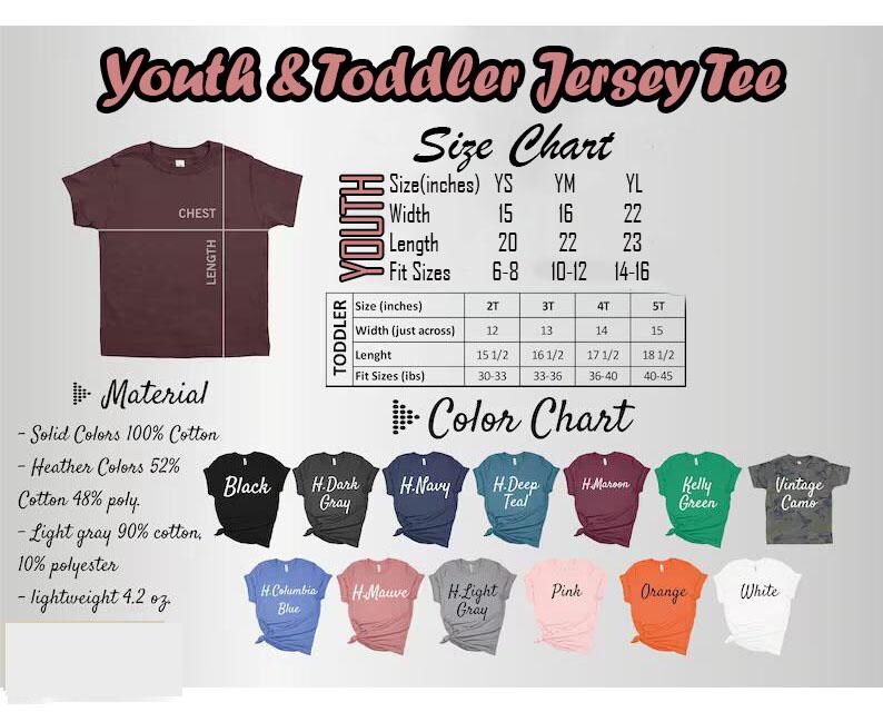 May include: A size chart for youth and toddler jersey tees, with measurements in inches. The chart includes width, length, and fit sizes. A color chart displays various tee colors, including black, navy, and maroon. The material is 100% cotton.