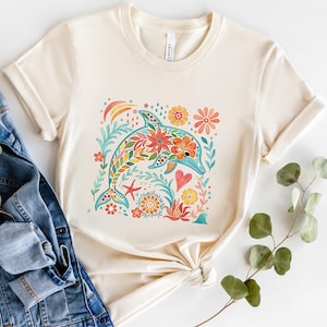 Boho Floral Dolphin Shirt, Summer Toddler Crewneck,Cute Beach Outfit,Animal Summer Tee,Nautical Shirt,Fisherman Aesthetic Shirt,Gift for her