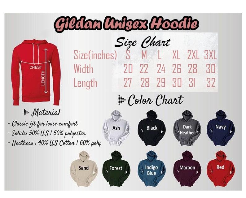 May include: A product image displaying a red Gildan Unisex Hoodie with a size chart and color options. The size chart shows chest and length measurements in inches. Color options include ash, black, dark heather, navy, sand, forest, indigo blue, maroon, and red.